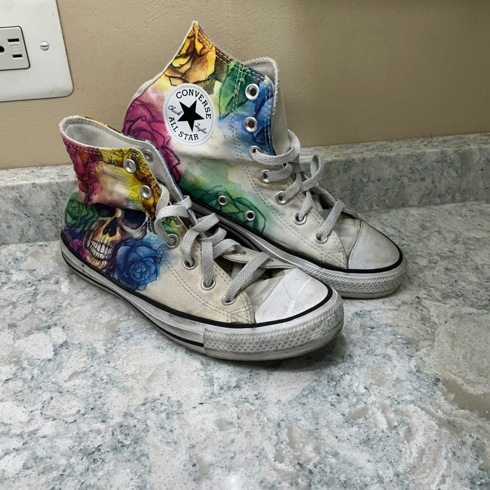 Converse High Top Chuck Taylor All Star W8 M6 Multi Skull Rose Watercolor Shoes